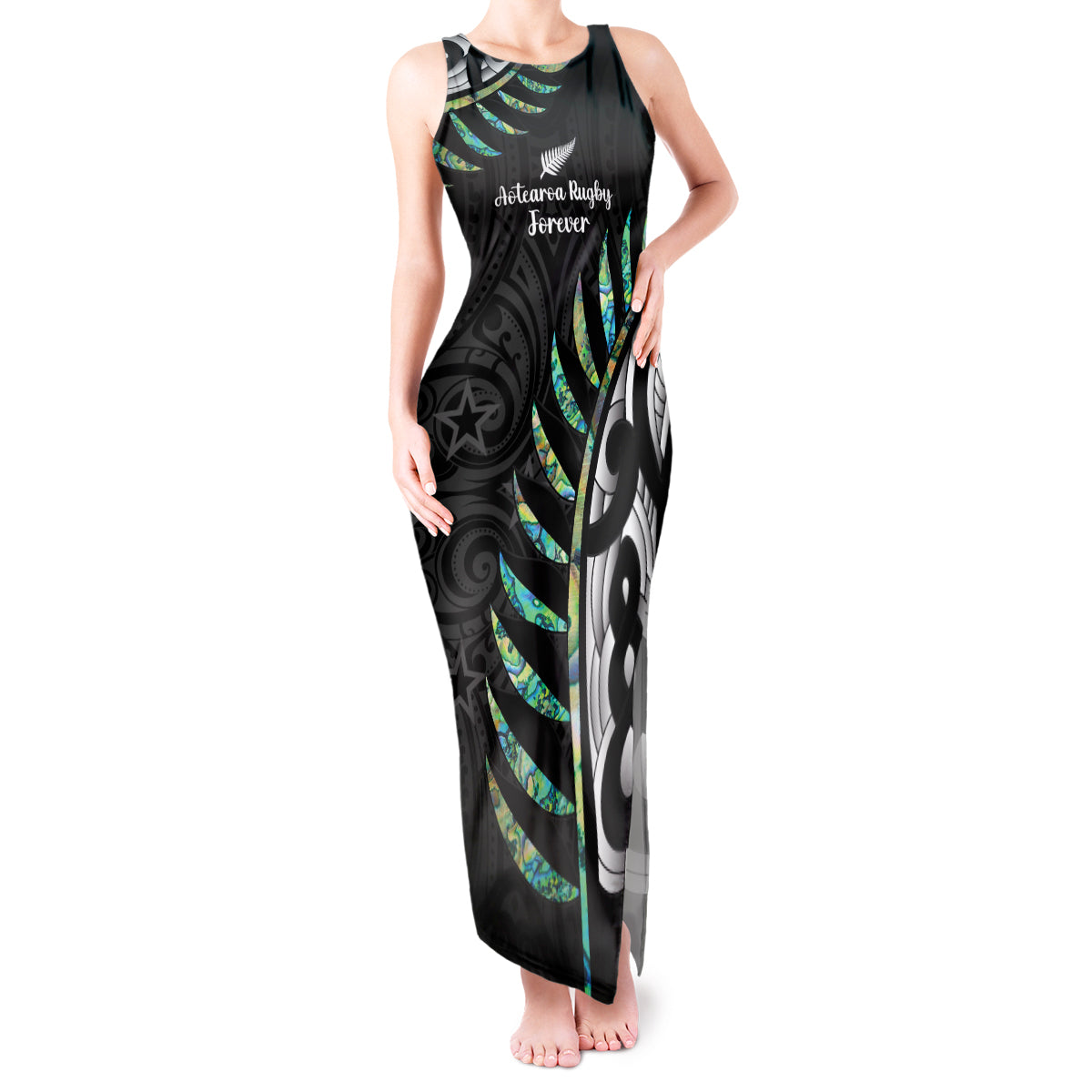 Personalised New Zealand Silver Fern Rugby Tank Maxi Dress Paua Shell With Champions Trophy History NZ Forever LT14 Women Black - Polynesian Pride