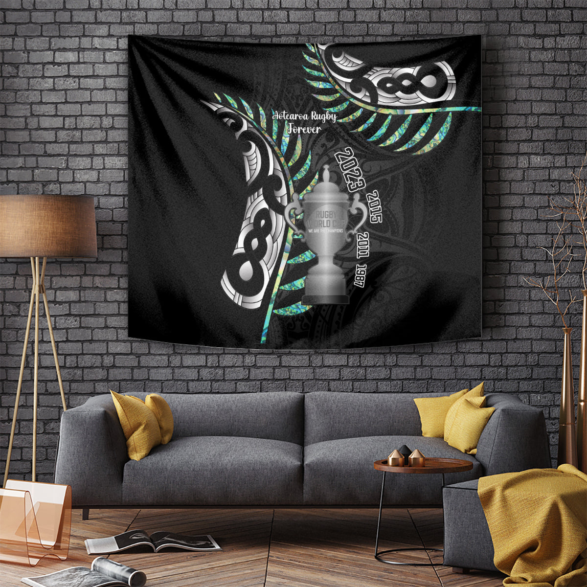 Personalised New Zealand Silver Fern Rugby Tapestry Paua Shell With Champions Trophy History NZ Forever LT14 Black - Polynesian Pride