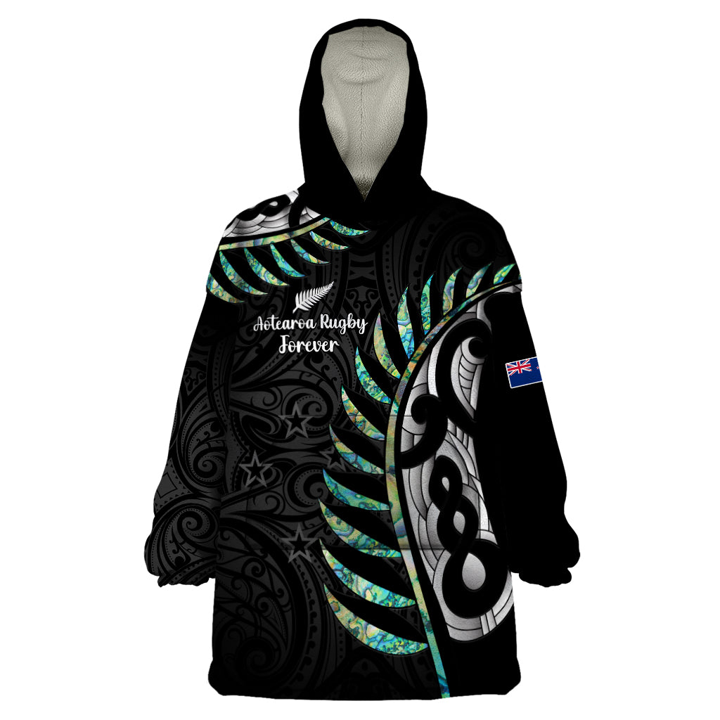 Personalised New Zealand Silver Fern Rugby Wearable Blanket Hoodie Paua Shell With Champions Trophy History NZ Forever LT14 One Size Black - Polynesian Pride