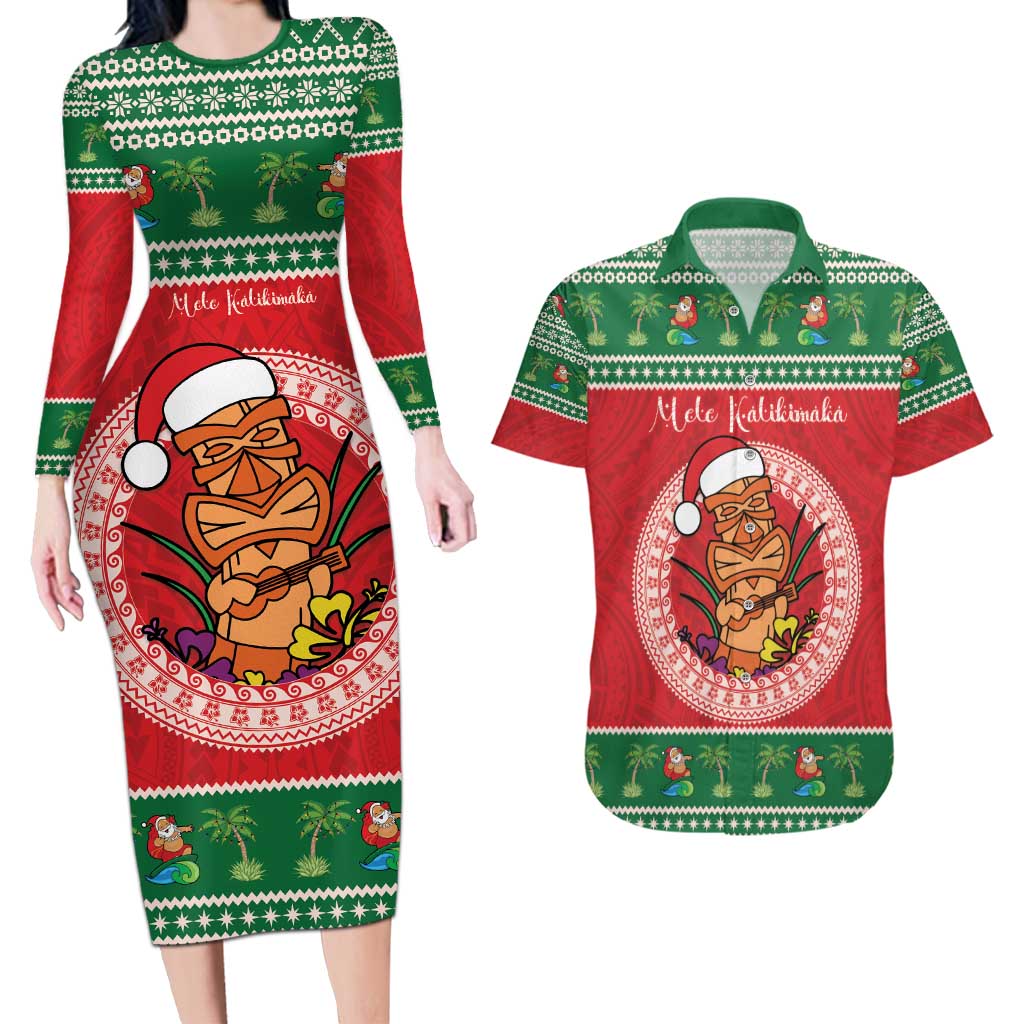 Personalized Hawaii Christmas Couples Matching Long Sleeve Bodycon Dress and Hawaiian Shirt Tiki Santa Mele Kalikimaka