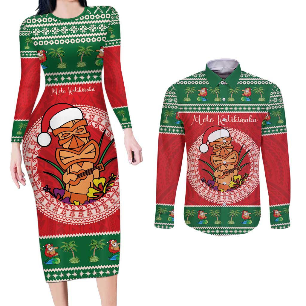 Personalized Hawaii Christmas Couples Matching Long Sleeve Bodycon Dress and Long Sleeve Button Shirt Tiki Santa Mele Kalikimaka LT14 Red - Polynesian Pride
