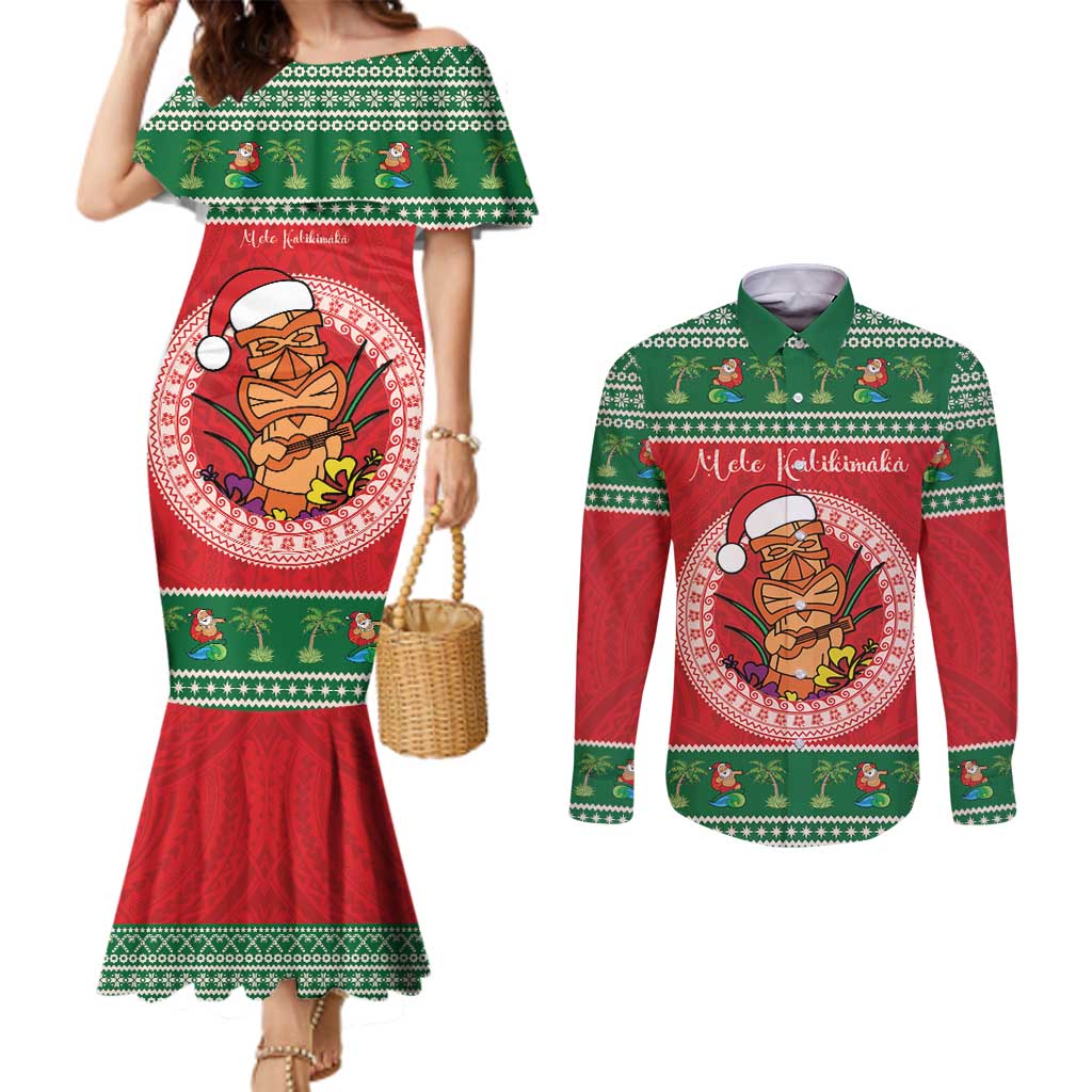 Personalized Hawaii Christmas Couples Matching Mermaid Dress and Long Sleeve Button Shirt Tiki Santa Mele Kalikimaka LT14 Red - Polynesian Pride
