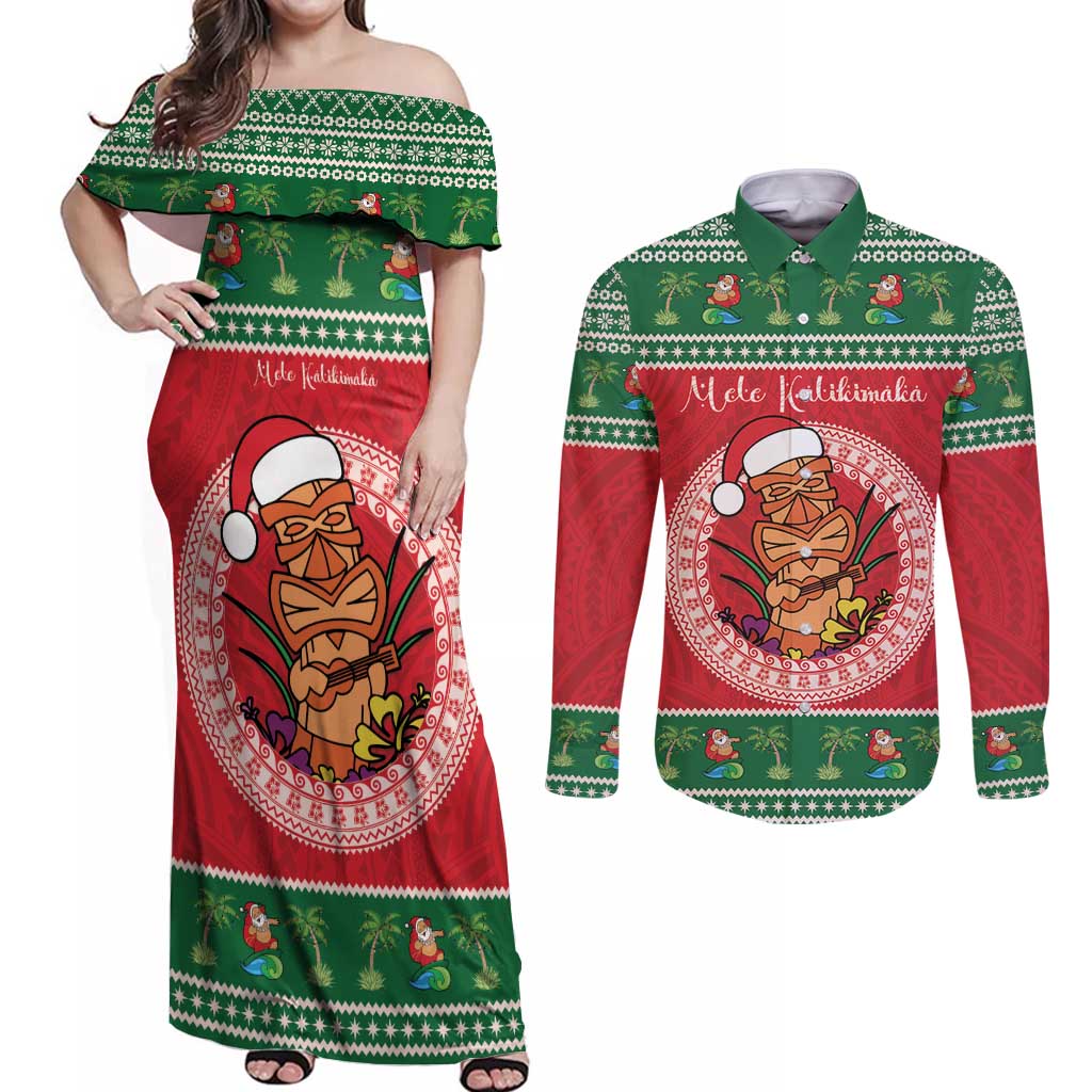 Personalized Hawaii Christmas Couples Matching Off Shoulder Maxi Dress and Long Sleeve Button Shirt Tiki Santa Mele Kalikimaka