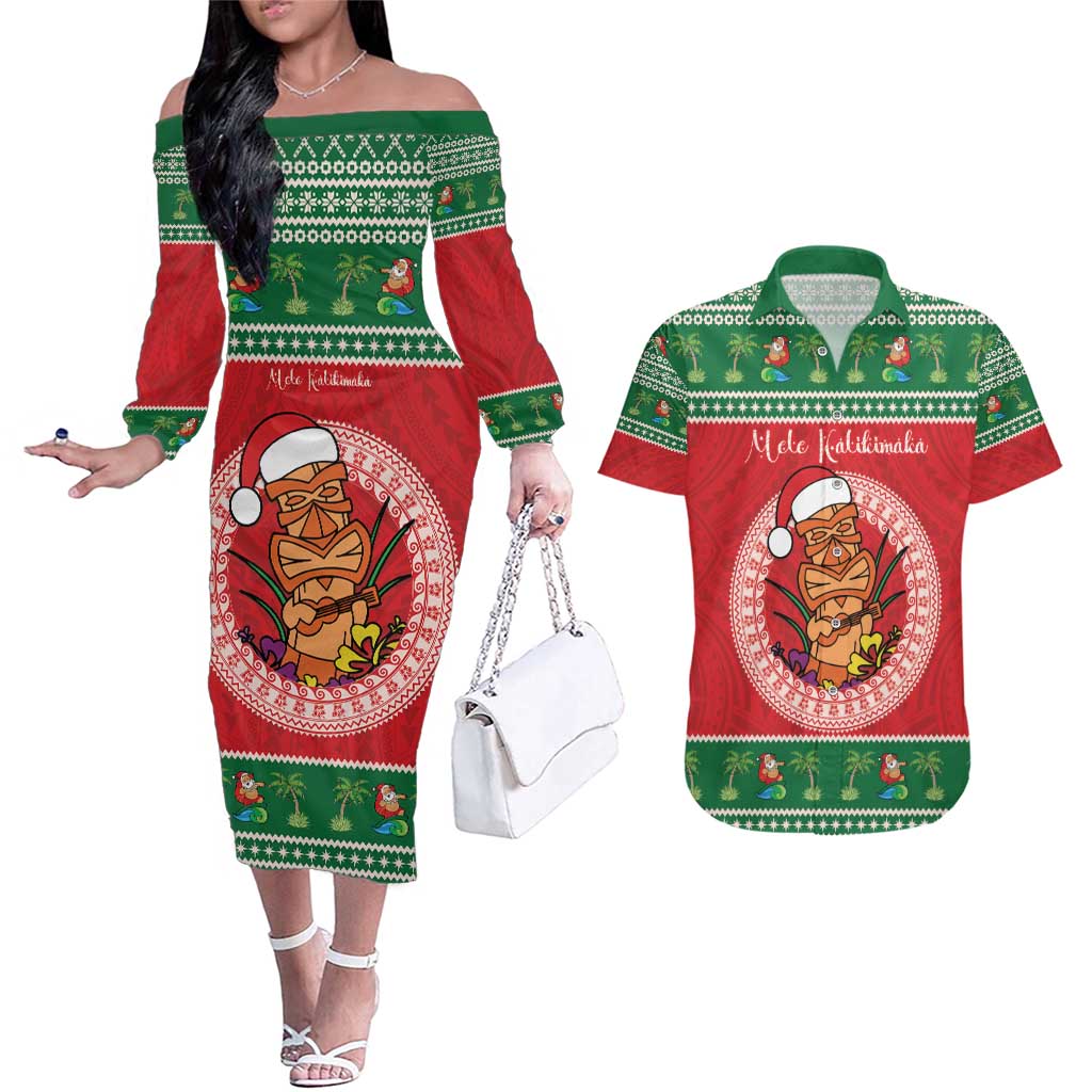 Personalized Hawaii Christmas Couples Matching Off The Shoulder Long Sleeve Dress and Hawaiian Shirt Tiki Santa Mele Kalikimaka