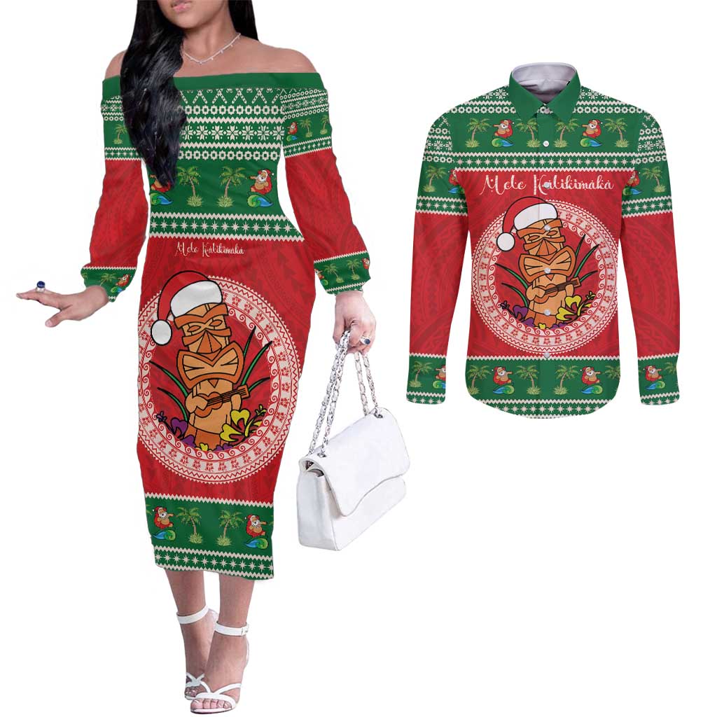Personalized Hawaii Christmas Couples Matching Off The Shoulder Long Sleeve Dress and Long Sleeve Button Shirt Tiki Santa Mele Kalikimaka LT14 Red - Polynesian Pride