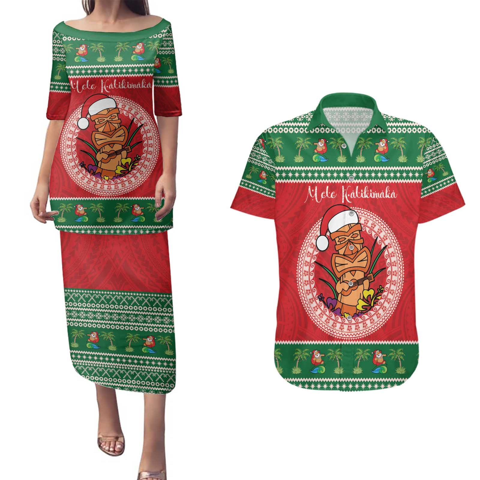 Personalized Hawaii Christmas Couples Matching Puletasi and Hawaiian Shirt Tiki Santa Mele Kalikimaka LT14 Red - Polynesian Pride