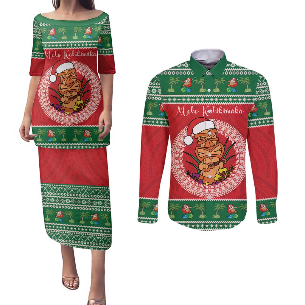 Personalized Hawaii Christmas Couples Matching Puletasi and Long Sleeve Button Shirt Tiki Santa Mele Kalikimaka LT14 Red - Polynesian Pride