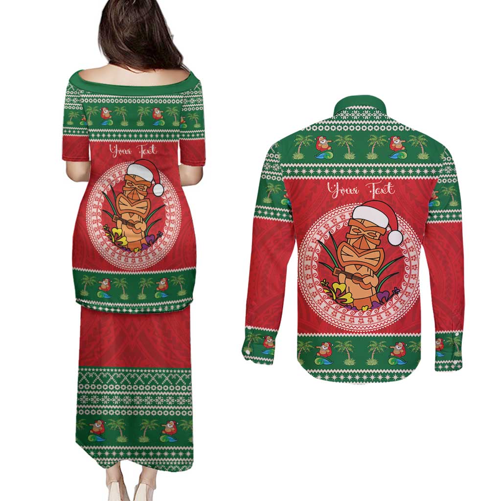 Personalized Hawaii Christmas Couples Matching Puletasi and Long Sleeve Button Shirt Tiki Santa Mele Kalikimaka LT14 - Polynesian Pride