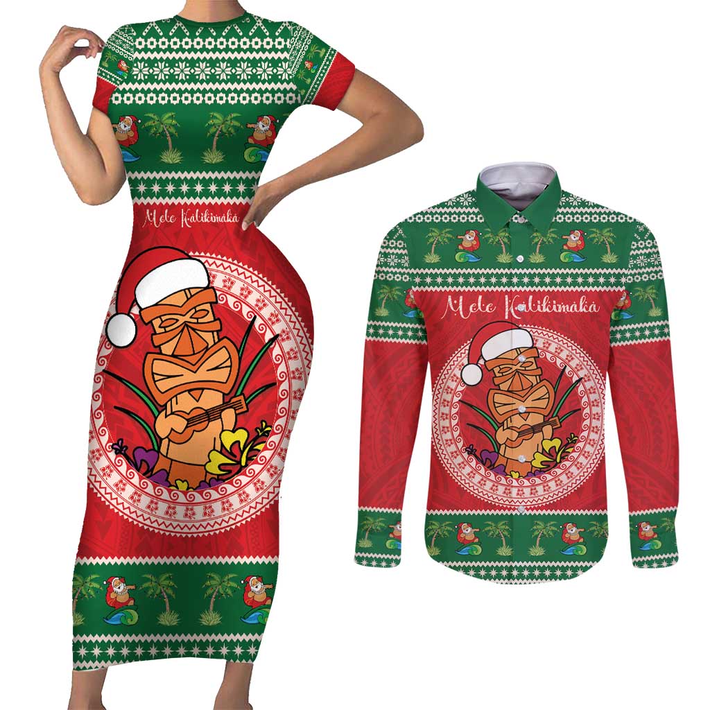 Personalized Hawaii Christmas Couples Matching Short Sleeve Bodycon Dress and Long Sleeve Button Shirt Tiki Santa Mele Kalikimaka LT14 Red - Polynesian Pride