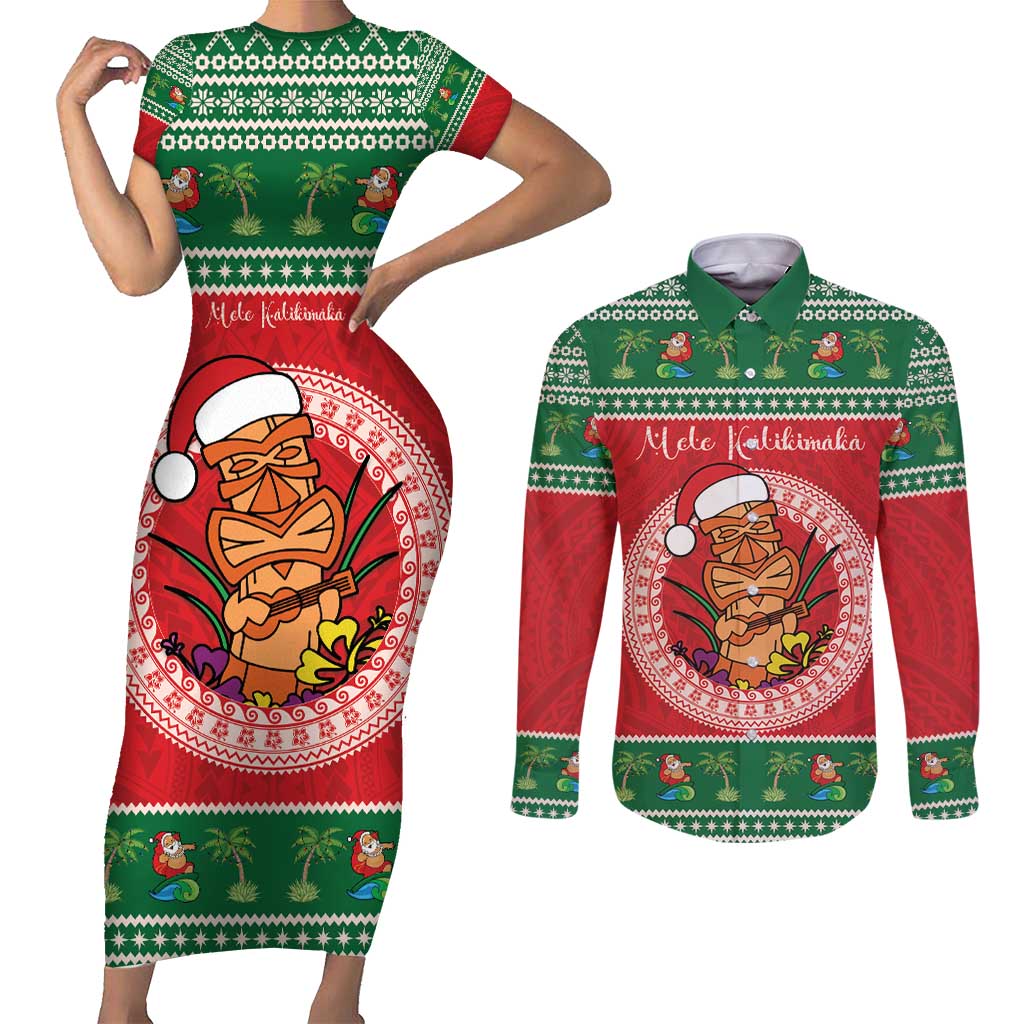 Personalized Hawaii Christmas Couples Matching Short Sleeve Bodycon Dress and Long Sleeve Button Shirt Tiki Santa Mele Kalikimaka