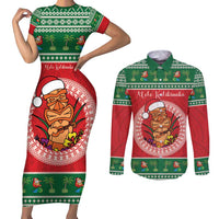 Personalized Hawaii Christmas Couples Matching Short Sleeve Bodycon Dress and Long Sleeve Button Shirt Tiki Santa Mele Kalikimaka LT14 Red - Polynesian Pride