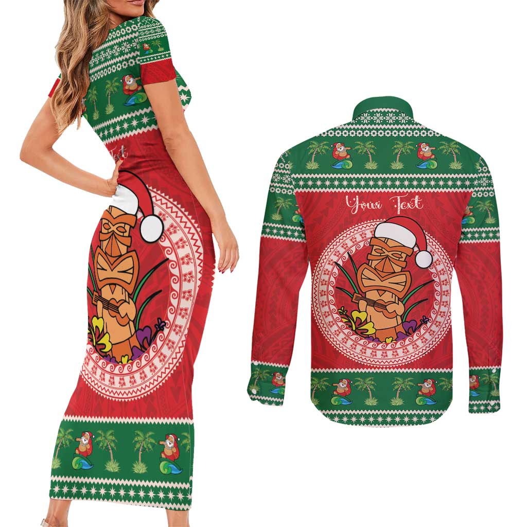 Personalized Hawaii Christmas Couples Matching Short Sleeve Bodycon Dress and Long Sleeve Button Shirt Tiki Santa Mele Kalikimaka LT14 - Polynesian Pride