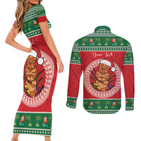 Personalized Hawaii Christmas Couples Matching Short Sleeve Bodycon Dress and Long Sleeve Button Shirt Tiki Santa Mele Kalikimaka LT14 - Polynesian Pride