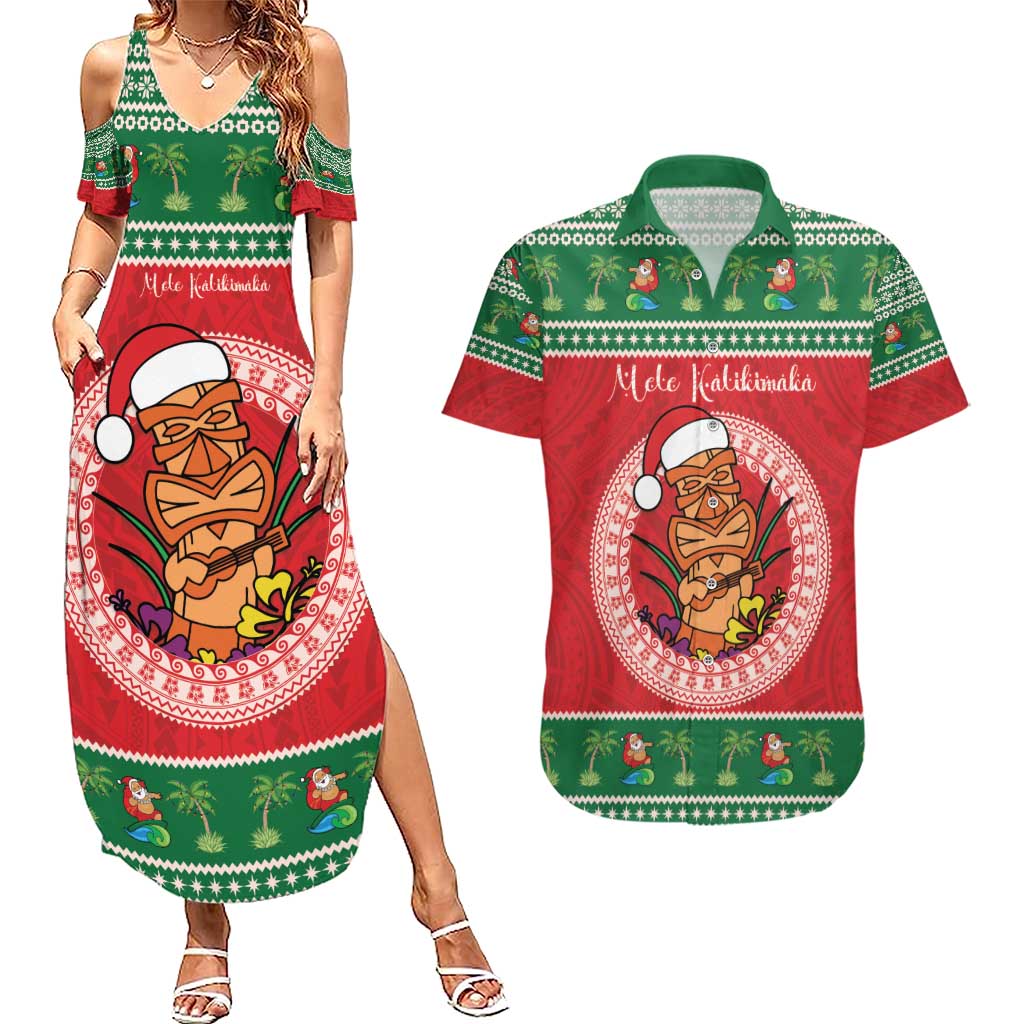 Personalized Hawaii Christmas Couples Matching Summer Maxi Dress and Hawaiian Shirt Tiki Santa Mele Kalikimaka