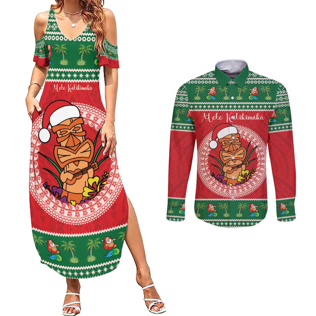 Personalized Hawaii Christmas Couples Matching Summer Maxi Dress and Long Sleeve Button Shirt Tiki Santa Mele Kalikimaka LT14 Red - Polynesian Pride