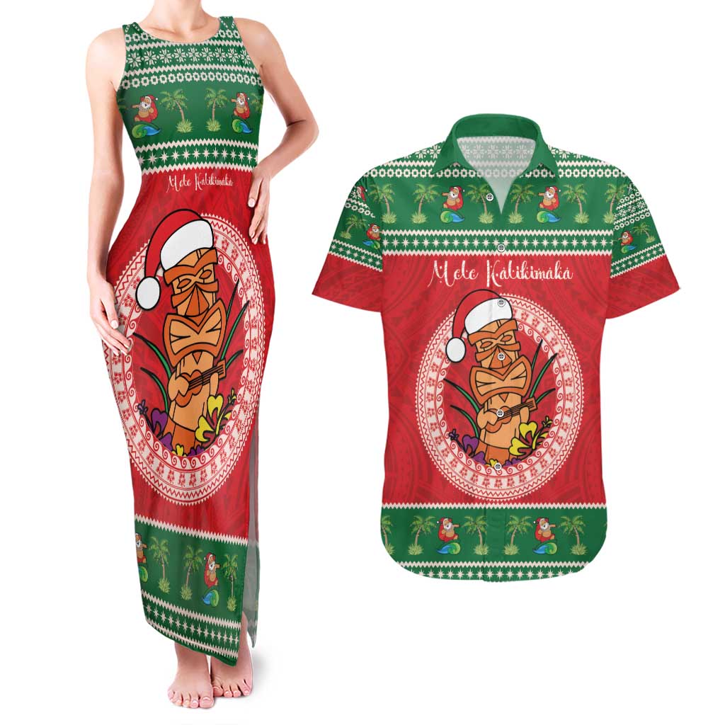 Personalized Hawaii Christmas Couples Matching Tank Maxi Dress and Hawaiian Shirt Tiki Santa Mele Kalikimaka LT14 Red - Polynesian Pride