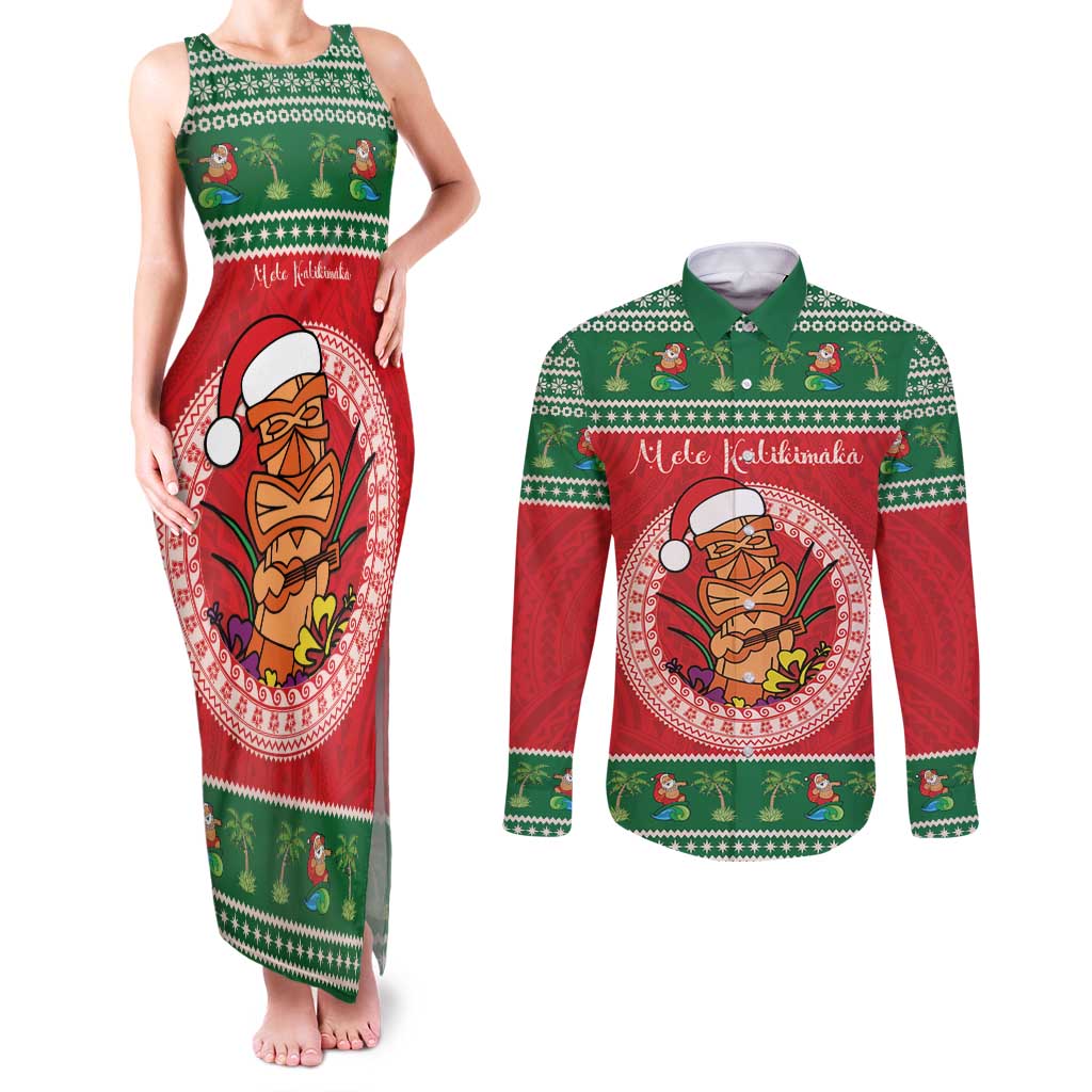 Personalized Hawaii Christmas Couples Matching Tank Maxi Dress and Long Sleeve Button Shirt Tiki Santa Mele Kalikimaka