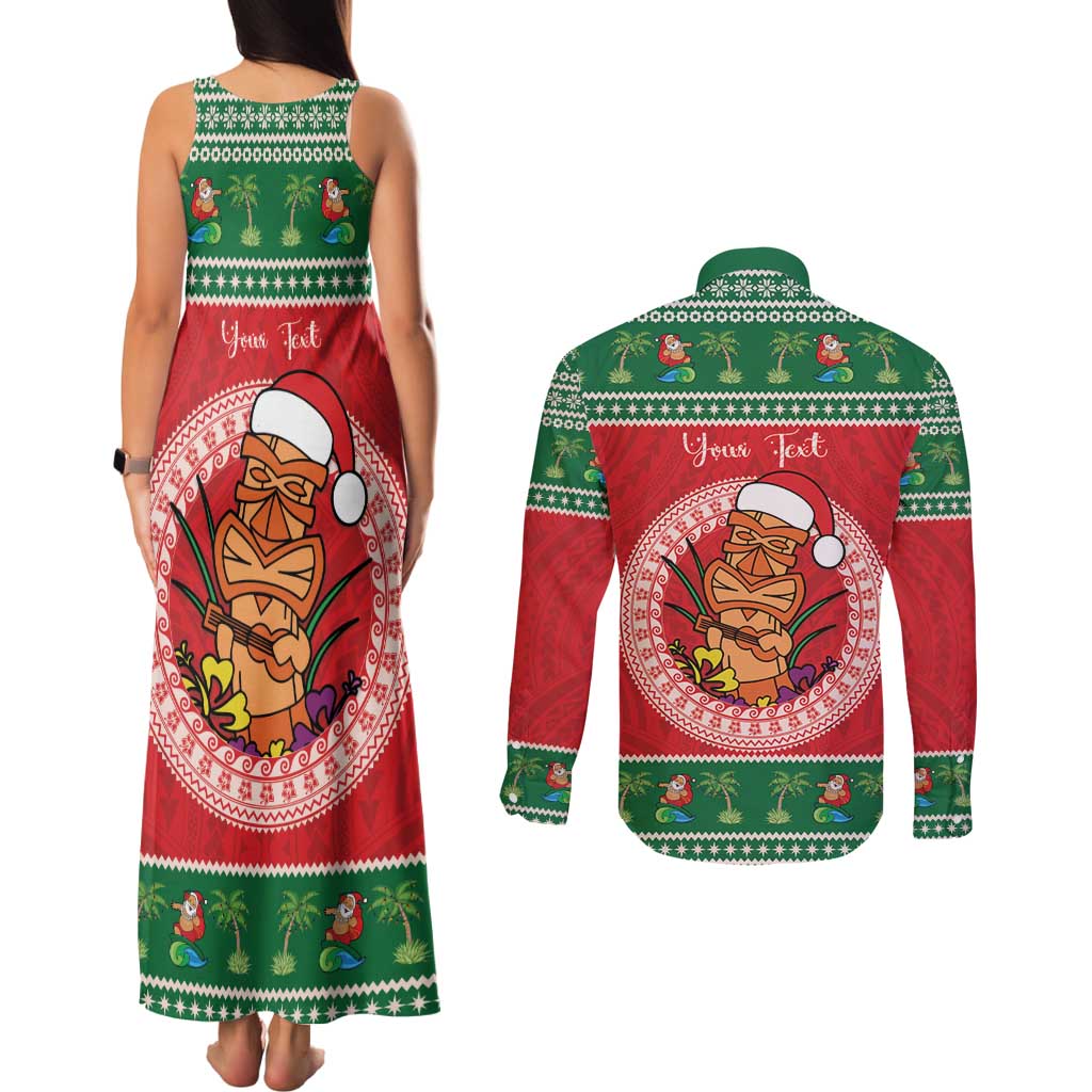 Personalized Hawaii Christmas Couples Matching Tank Maxi Dress and Long Sleeve Button Shirt Tiki Santa Mele Kalikimaka LT14 - Polynesian Pride