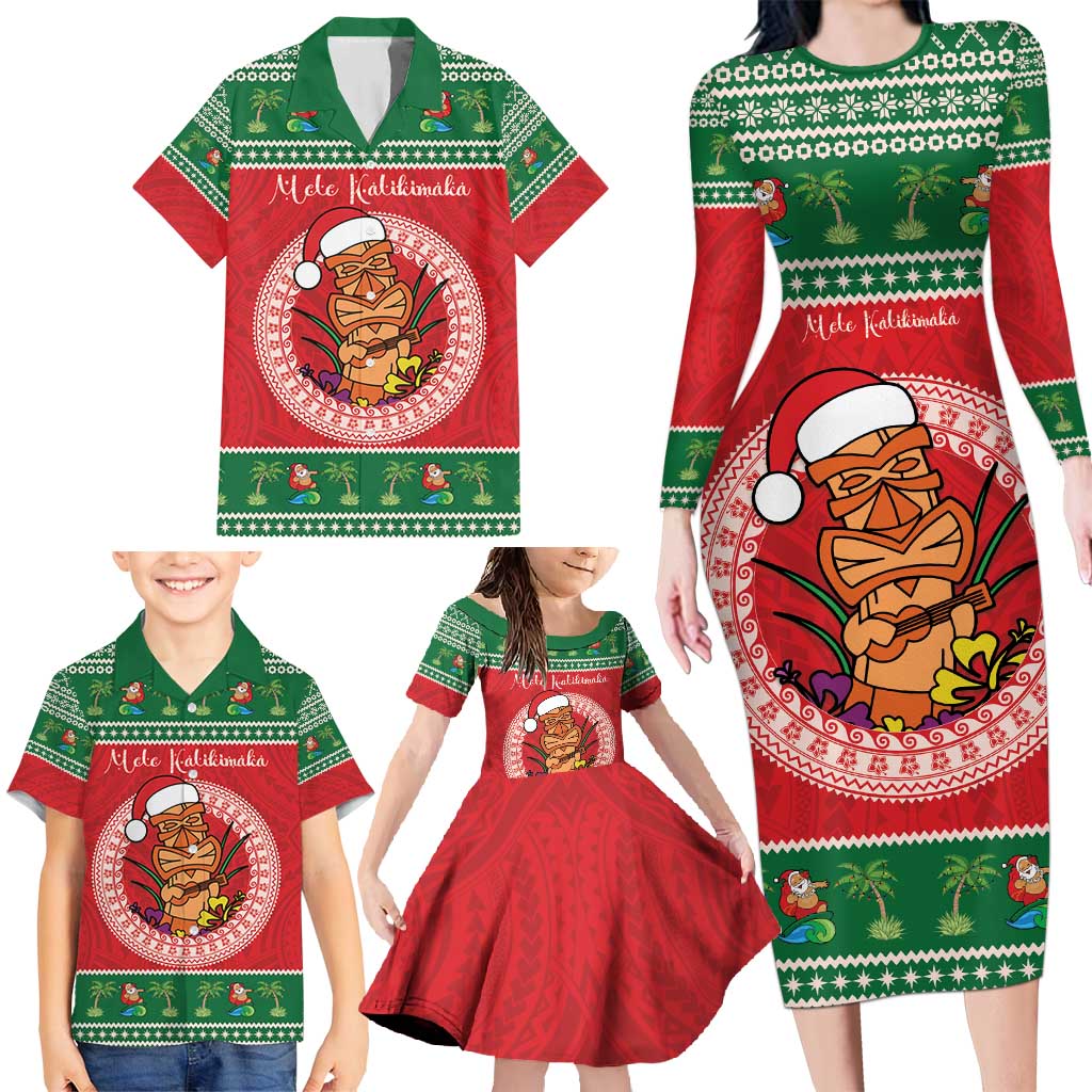 Personalized Hawaii Christmas Family Matching Long Sleeve Bodycon Dress and Hawaiian Shirt Tiki Santa Mele Kalikimaka