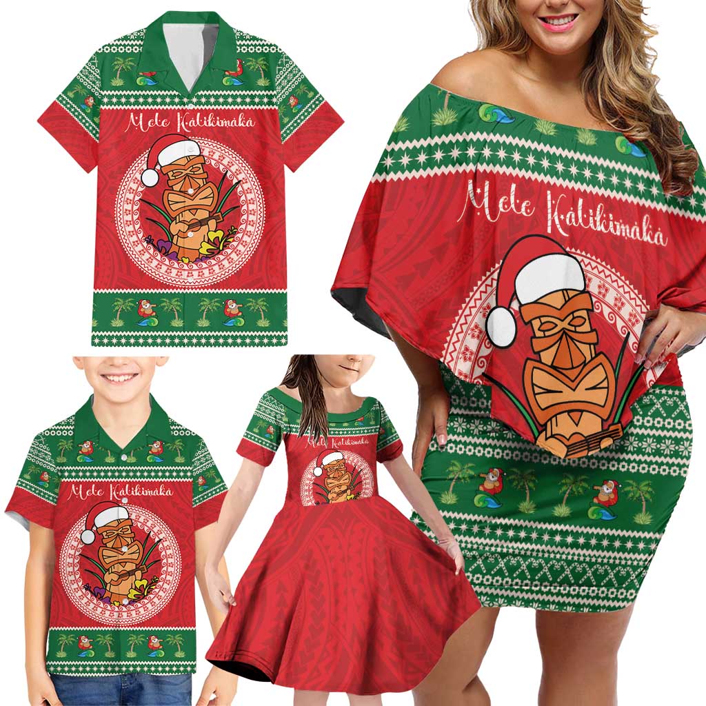 Personalized Hawaii Christmas Family Matching Off Shoulder Short Dress and Hawaiian Shirt Tiki Santa Mele Kalikimaka