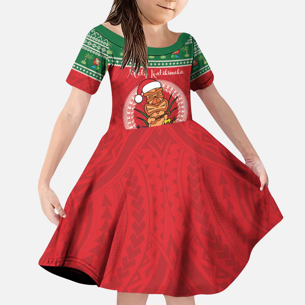 Personalized Hawaii Christmas Kid Short Sleeve Dress Tiki Santa Mele Kalikimaka