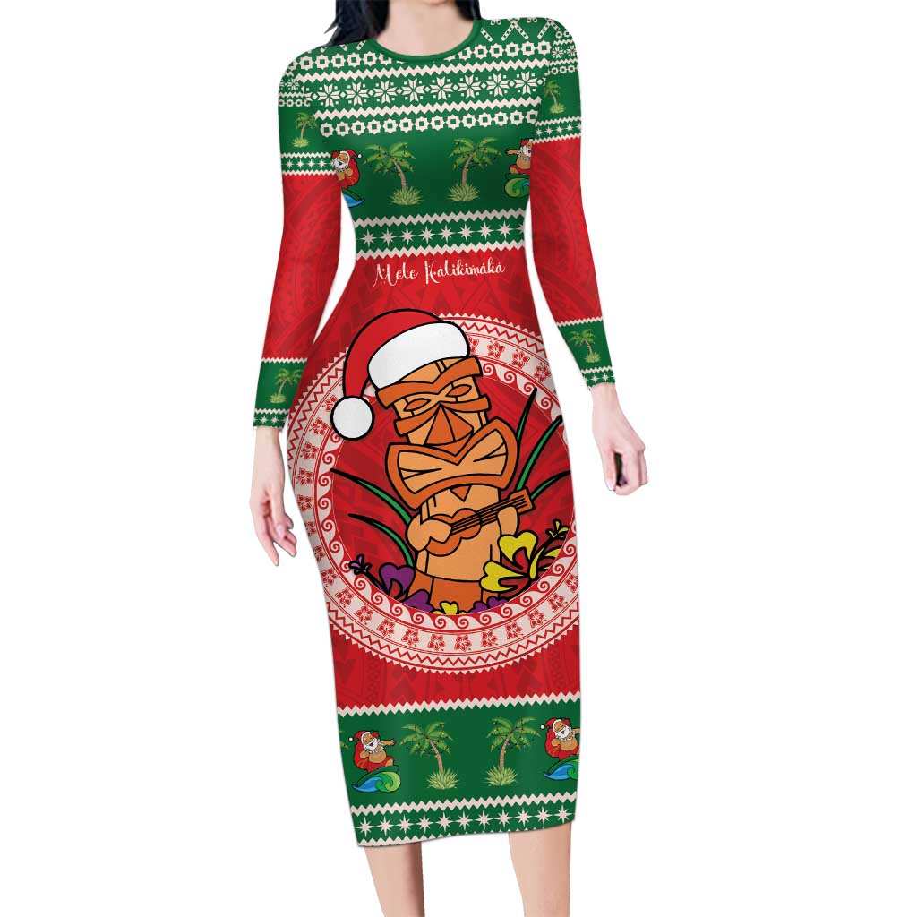 Personalized Hawaii Christmas Long Sleeve Bodycon Dress Tiki Santa Mele Kalikimaka