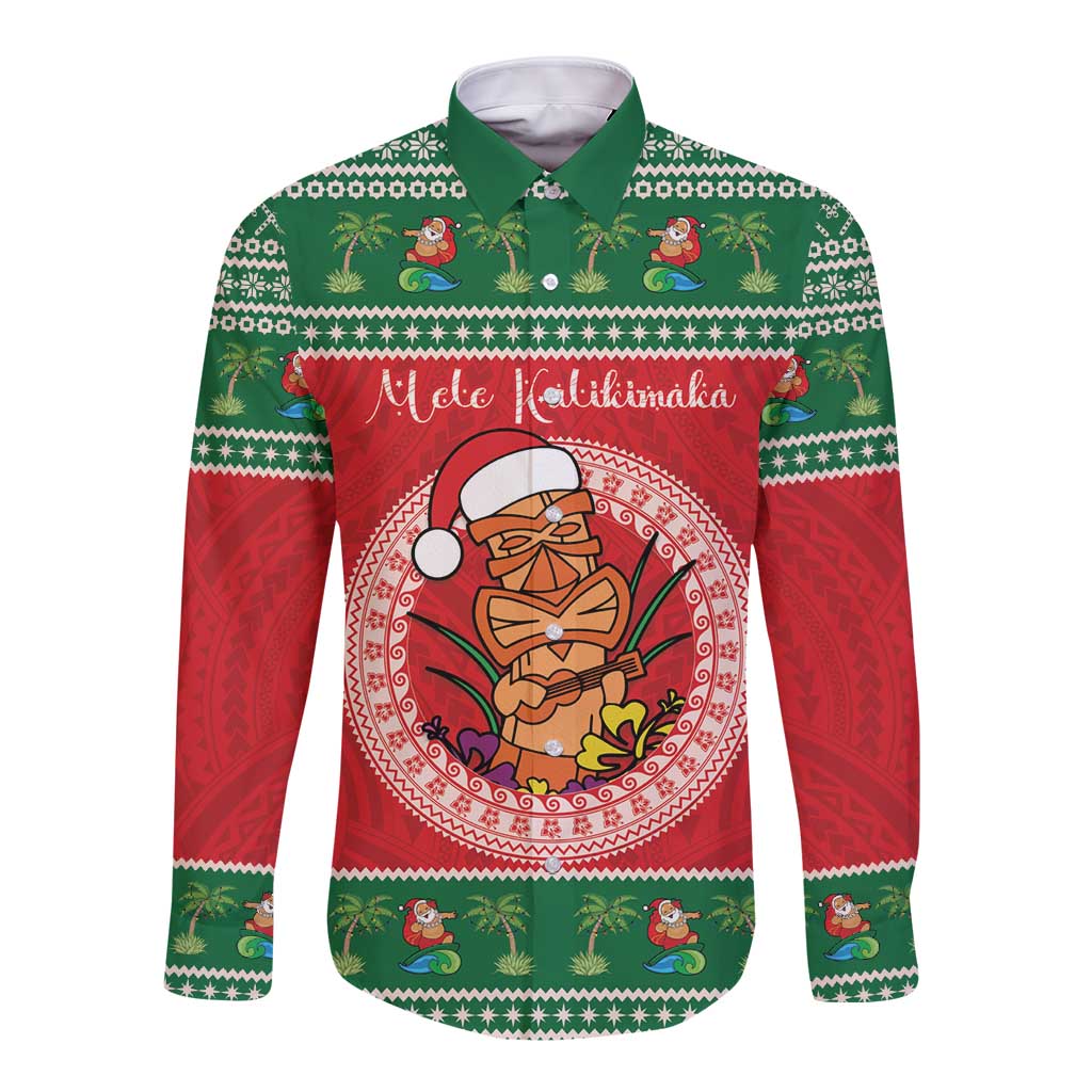 Personalized Hawaii Christmas Long Sleeve Button Shirt Tiki Santa Mele Kalikimaka LT14 Unisex Red - Polynesian Pride
