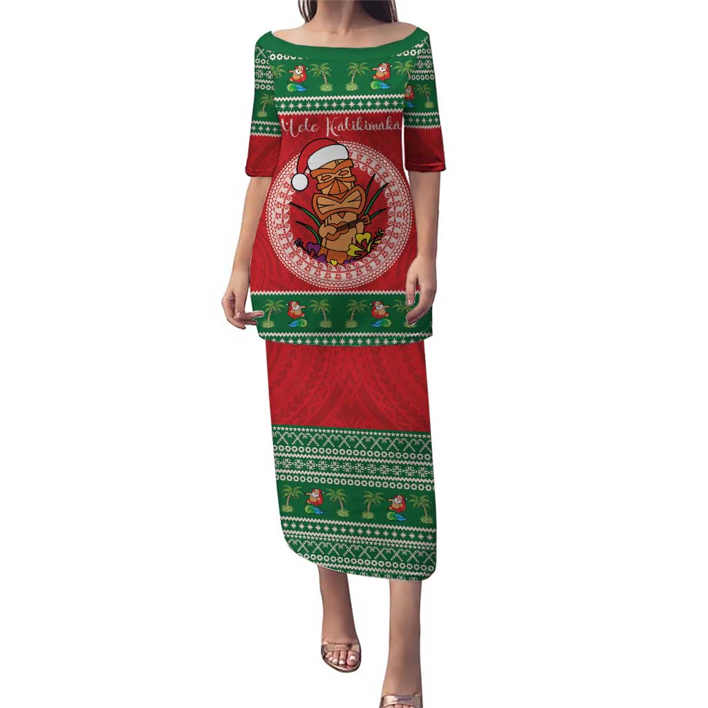 Personalized Hawaii Christmas Puletasi Tiki Santa Mele Kalikimaka LT14 Long Dress Red - Polynesian Pride