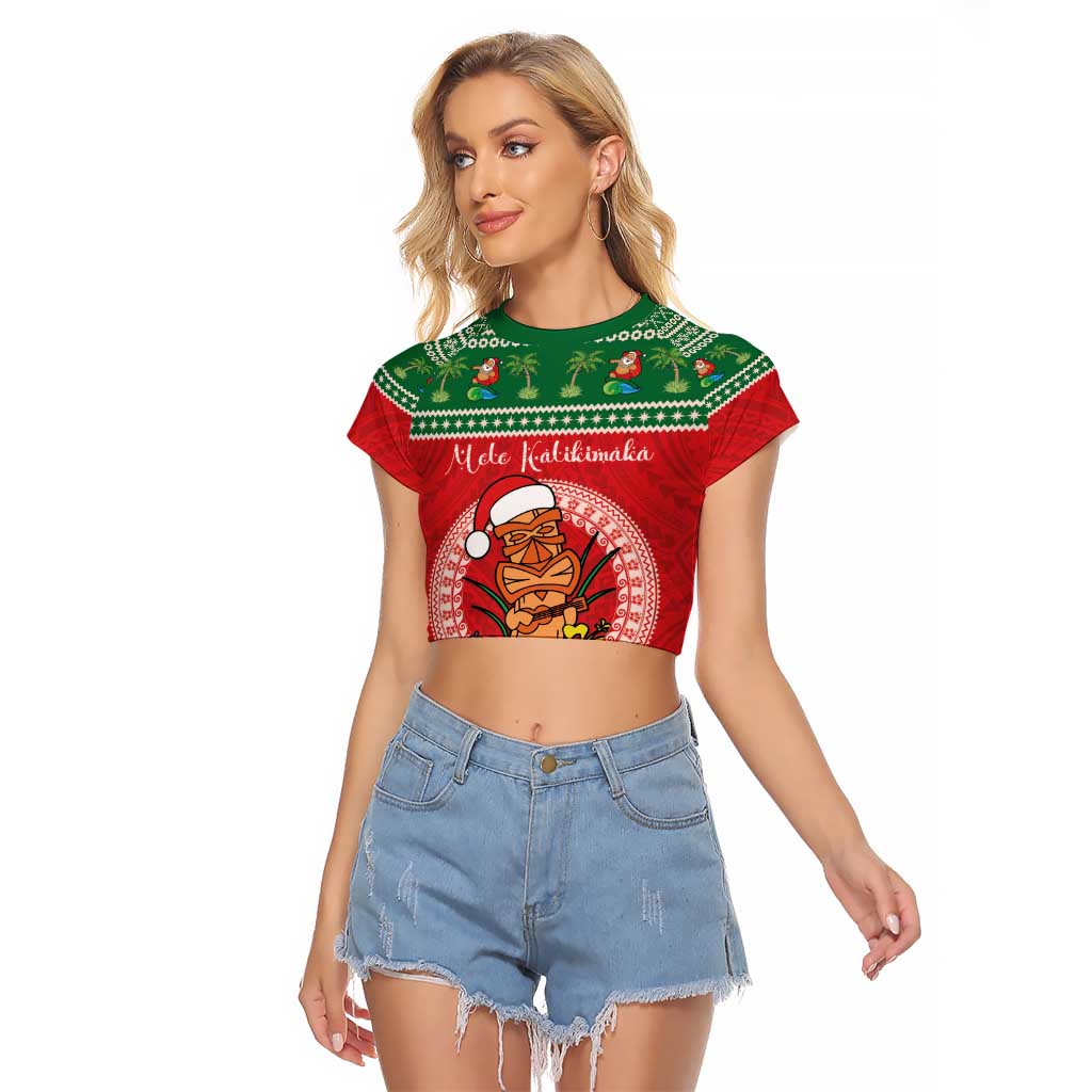 Personalized Hawaii Christmas Raglan Cropped T Shirt Tiki Santa Mele Kalikimaka LT14 Female Red - Polynesian Pride