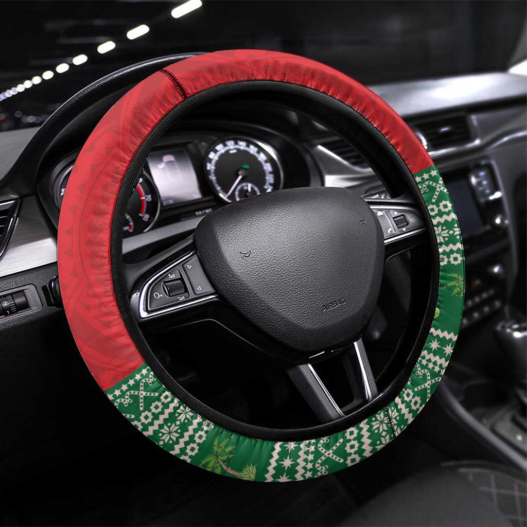 Hawaii Christmas Steering Wheel Cover Tiki Santa Mele Kalikimaka LT14 Universal Fit Red - Polynesian Pride