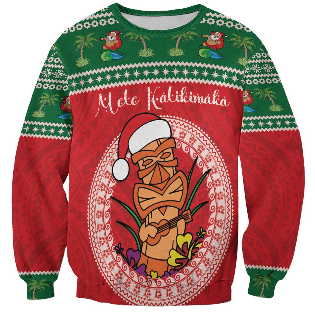 Personalized Hawaii Christmas Sweatshirt Tiki Santa Mele Kalikimaka LT14 Unisex Red - Polynesian Pride