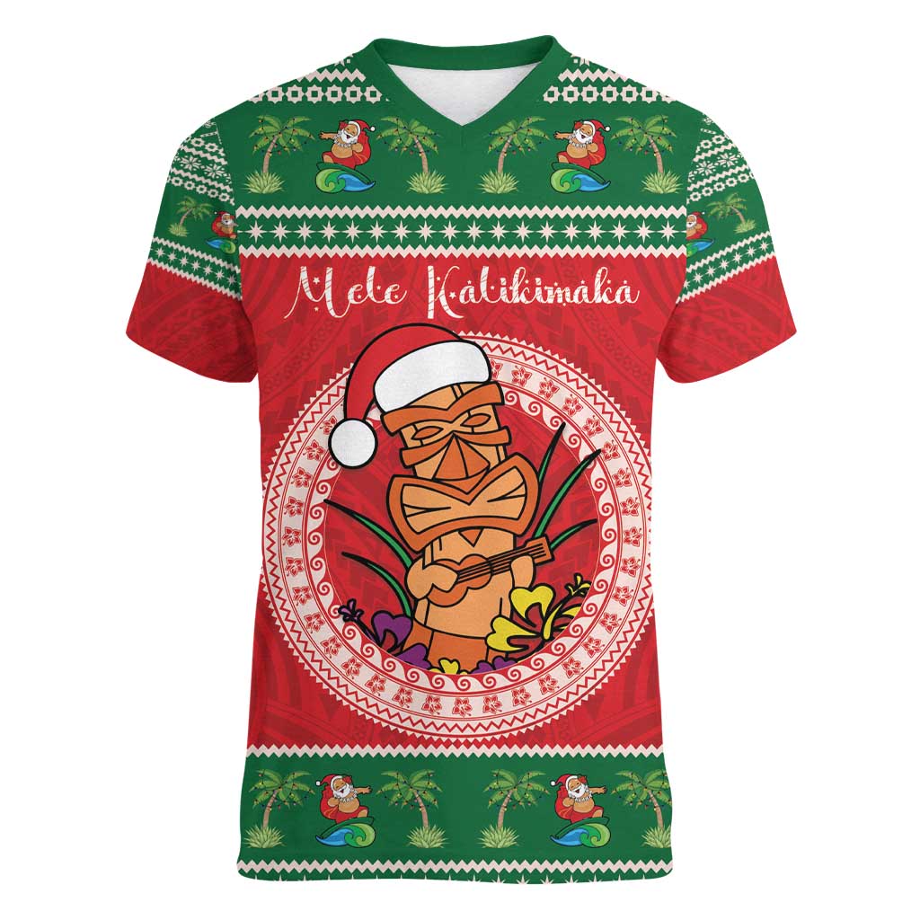 Personalized Hawaii Christmas Women V-Neck T-Shirt Tiki Santa Mele Kalikimaka LT14 Female Red - Polynesian Pride