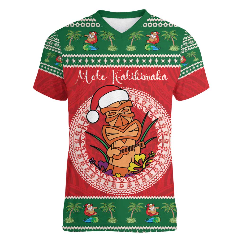 Personalized Hawaii Christmas Women V-Neck T-Shirt Tiki Santa Mele Kalikimaka