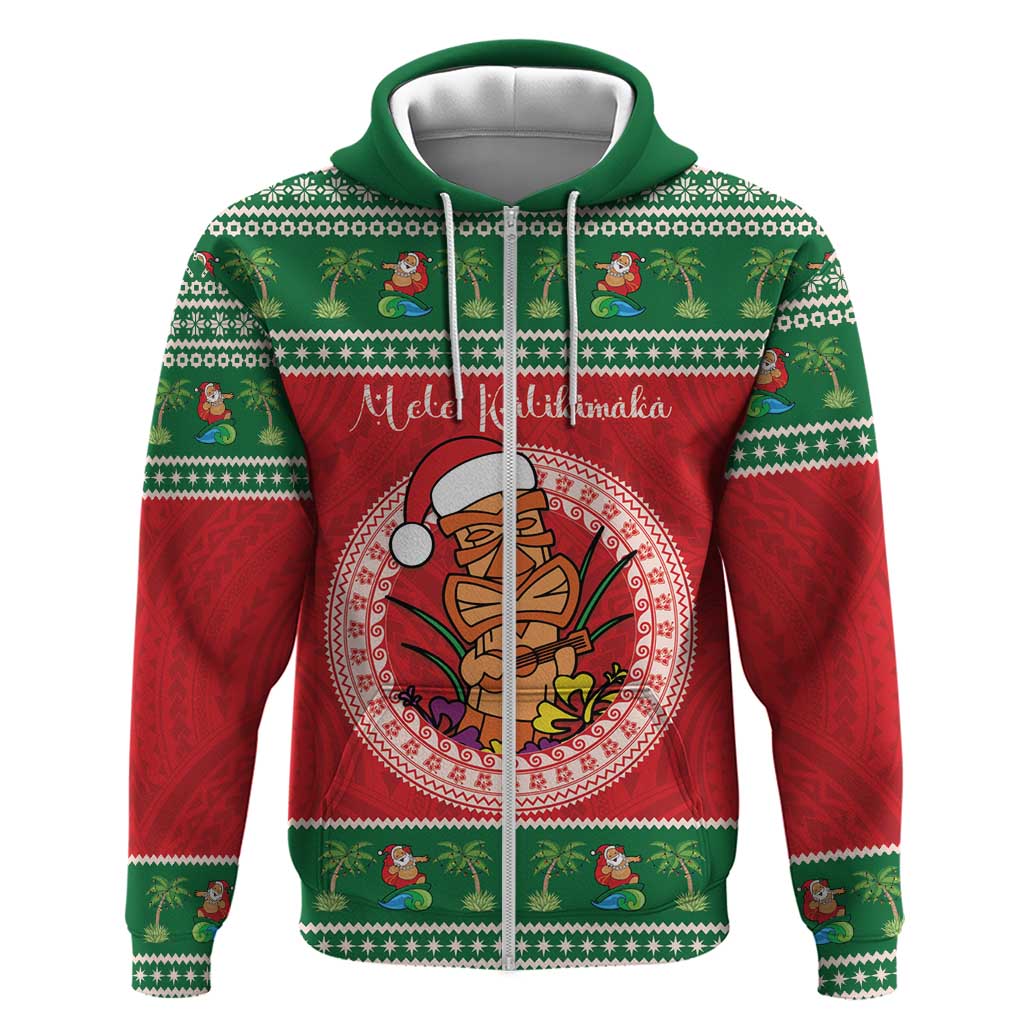 Personalized Hawaii Christmas Zip Hoodie Tiki Santa Mele Kalikimaka