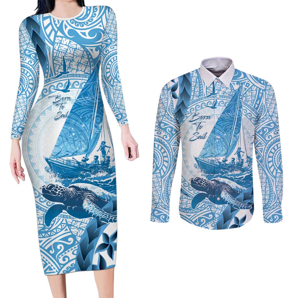 New Zealand Sailing Couples Matching Long Sleeve Bodycon Dress and Long Sleeve Button Shirt Aotearoa Yacht Racing - Born To Sail LT14 Blue - Polynesian Pride