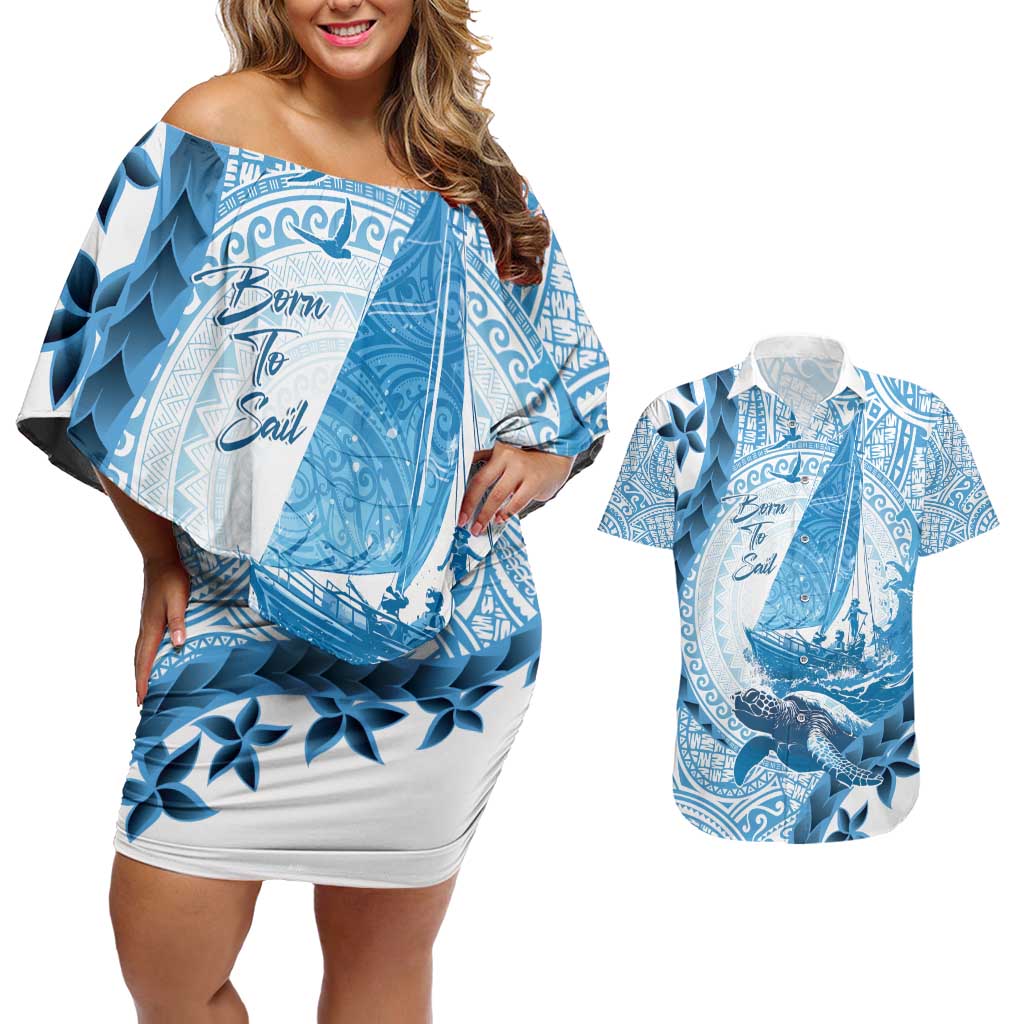 New Zealand Sailing Couples Matching Off Shoulder Short Dress and Hawaiian Shirt Aotearoa Yacht Racing - Born To Sail LT14 Blue - Polynesian Pride