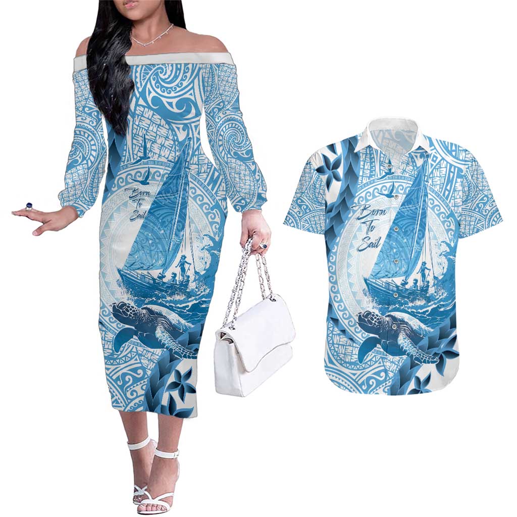 New Zealand Sailing Couples Matching Off The Shoulder Long Sleeve Dress and Hawaiian Shirt Aotearoa Yacht Racing - Born To Sail LT14 Blue - Polynesian Pride