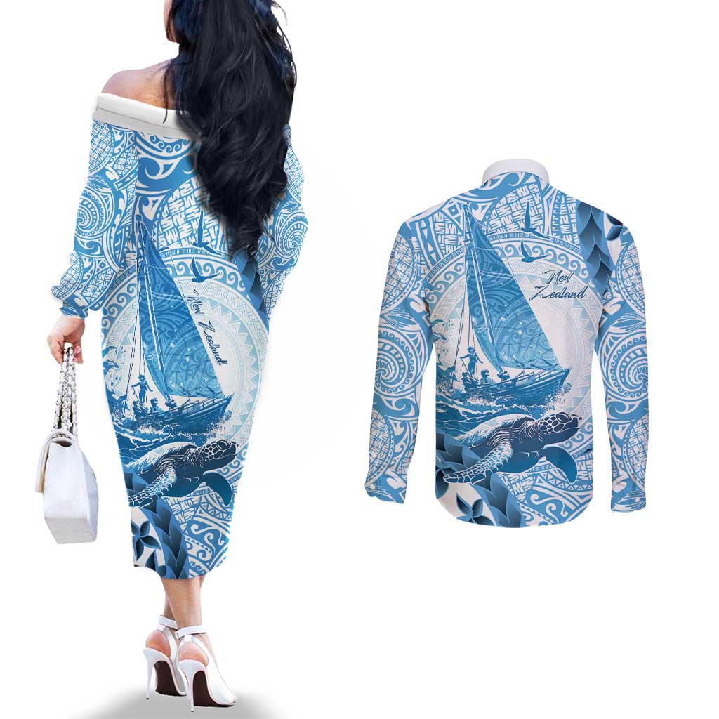 New Zealand Saling Couples Matching Off The Shoulder Long Sleeve Dress and Long Sleeve Button Shirt Aotearoa Yacht Racing - Born To Sail