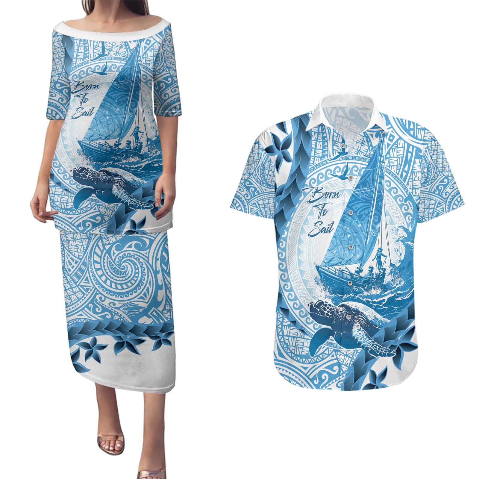 New Zealand Sailing Couples Matching Puletasi and Hawaiian Shirt Aotearoa Yacht Racing - Born To Sail LT14 Blue - Polynesian Pride