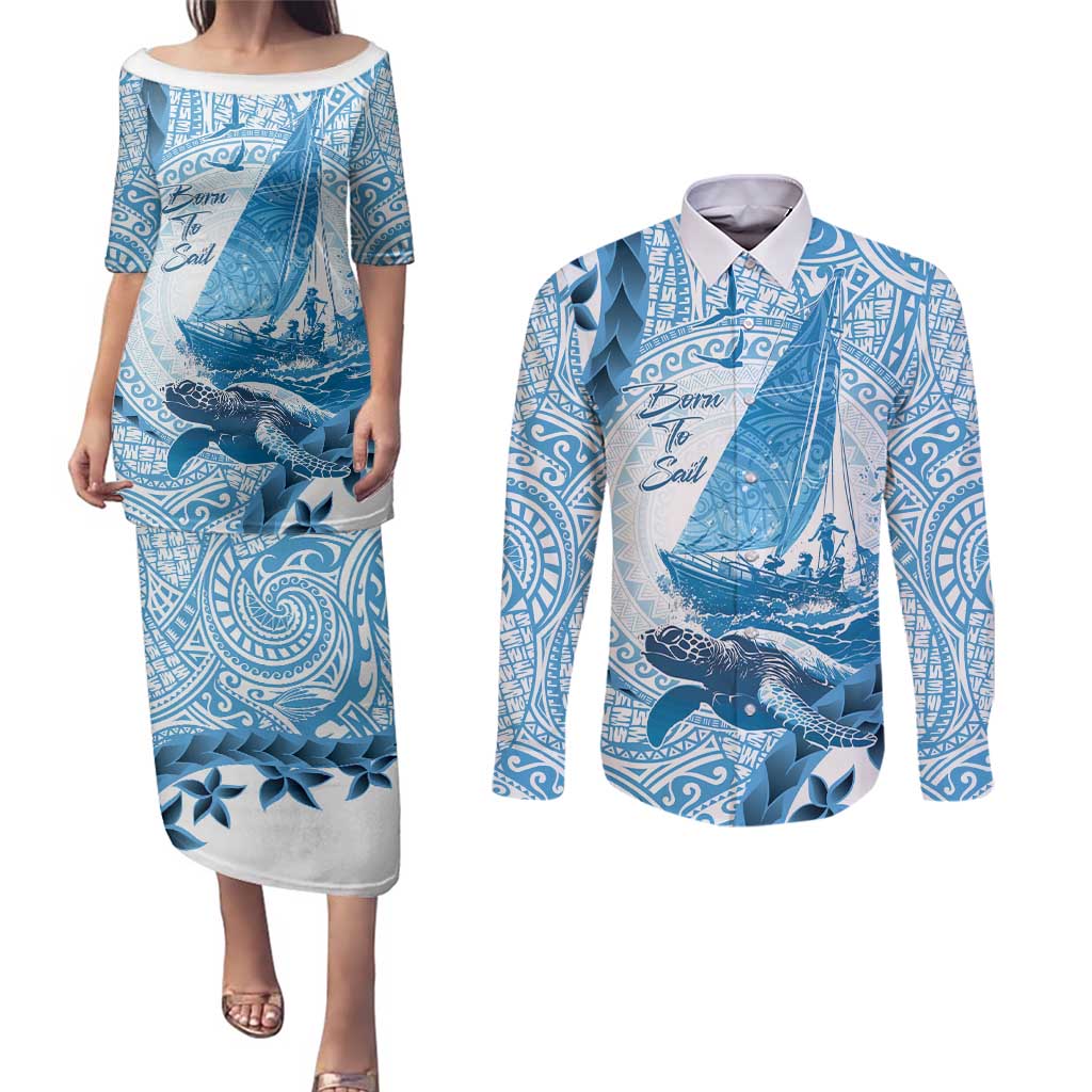 New Zealand Sailing Couples Matching Puletasi and Long Sleeve Button Shirt Aotearoa Yacht Racing - Born To Sail LT14 Blue - Polynesian Pride