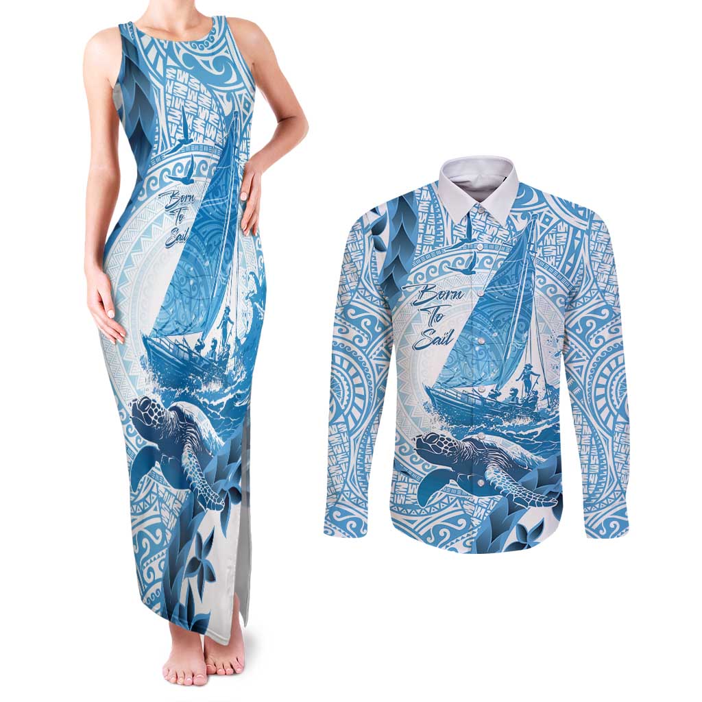 New Zealand Sailing Couples Matching Tank Maxi Dress and Long Sleeve Button Shirt Aotearoa Yacht Racing - Born To Sail LT14 Blue - Polynesian Pride