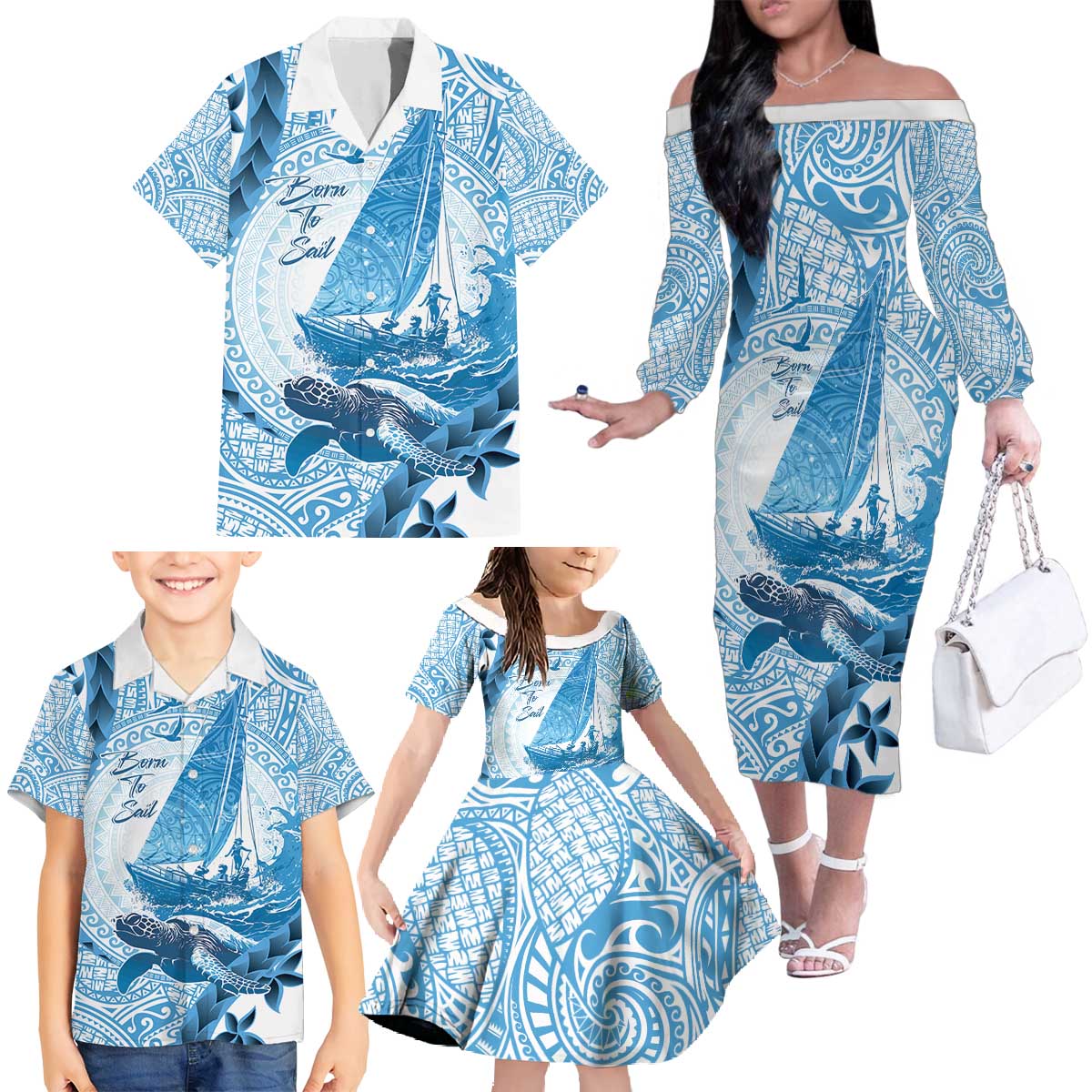 New Zealand Saling Family Matching Off The Shoulder Long Sleeve Dress and Hawaiian Shirt Aotearoa Yacht Racing - Born To Sail