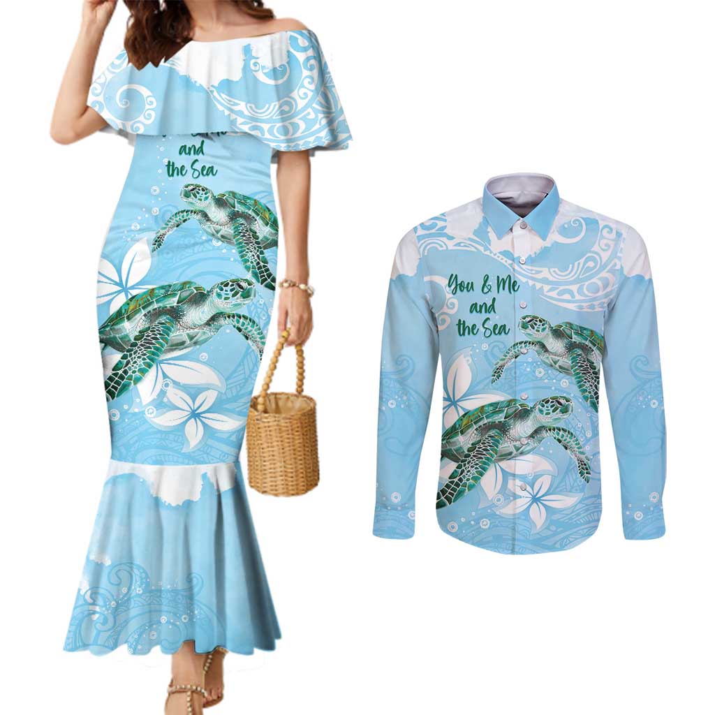 Personalised Polynesia Valentine's Day Couples Matching Mermaid Dress and Long Sleeve Button Shirt SeaTurtle Couple Polynesian - Fairy Sparkles Color