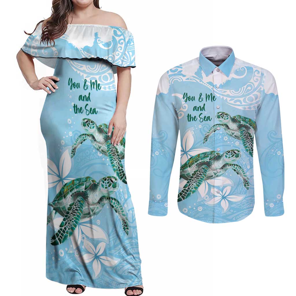 Personalised Polynesia Valentine's Day Couples Matching Off Shoulder Maxi Dress and Long Sleeve Button Shirt SeaTurtle Couple Polynesian - Fairy Sparkles Color LT14 Blue - Polynesian Pride