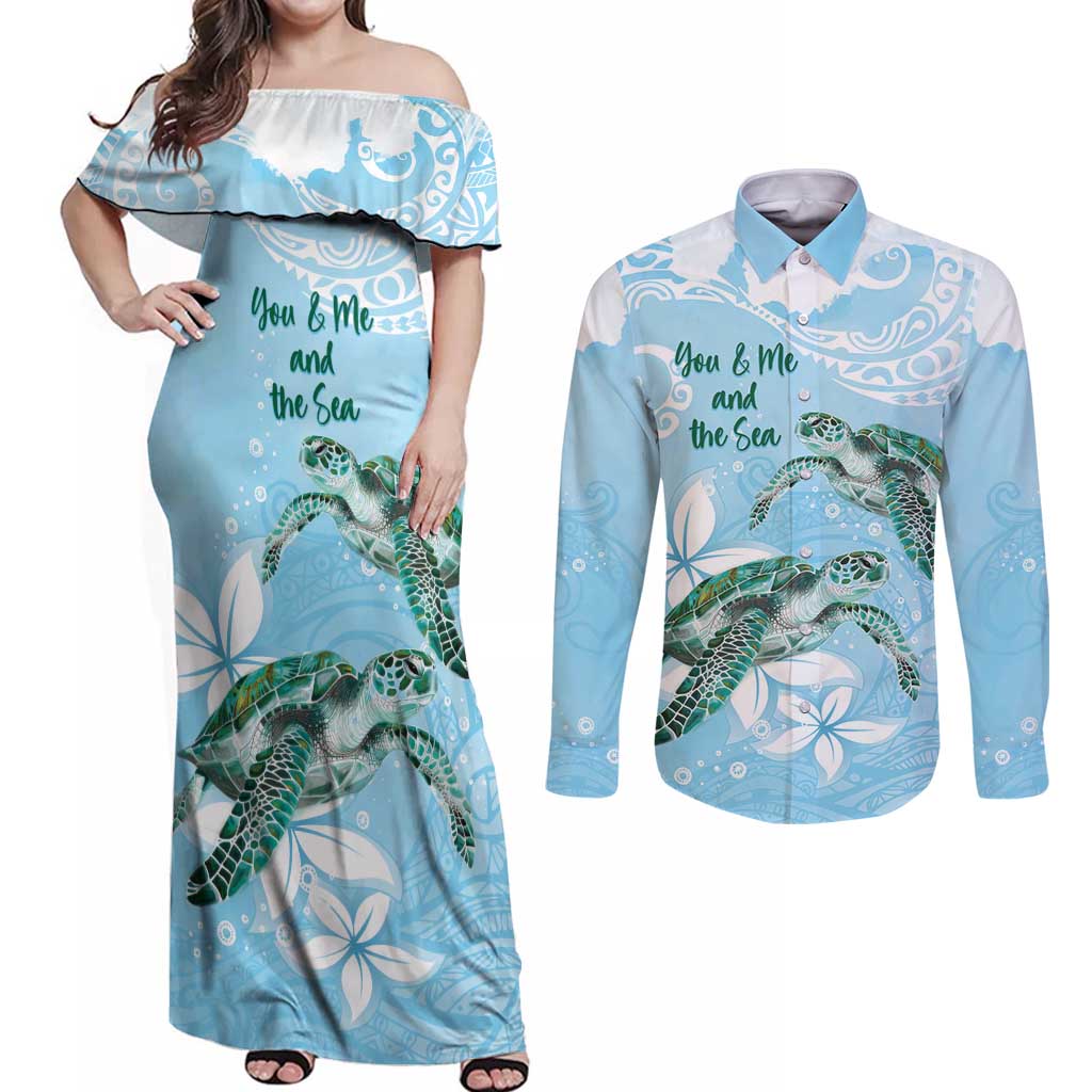 Personalised Polynesia Valentine's Day Couples Matching Off Shoulder Maxi Dress and Long Sleeve Button Shirt SeaTurtle Couple Polynesian - Fairy Sparkles Color