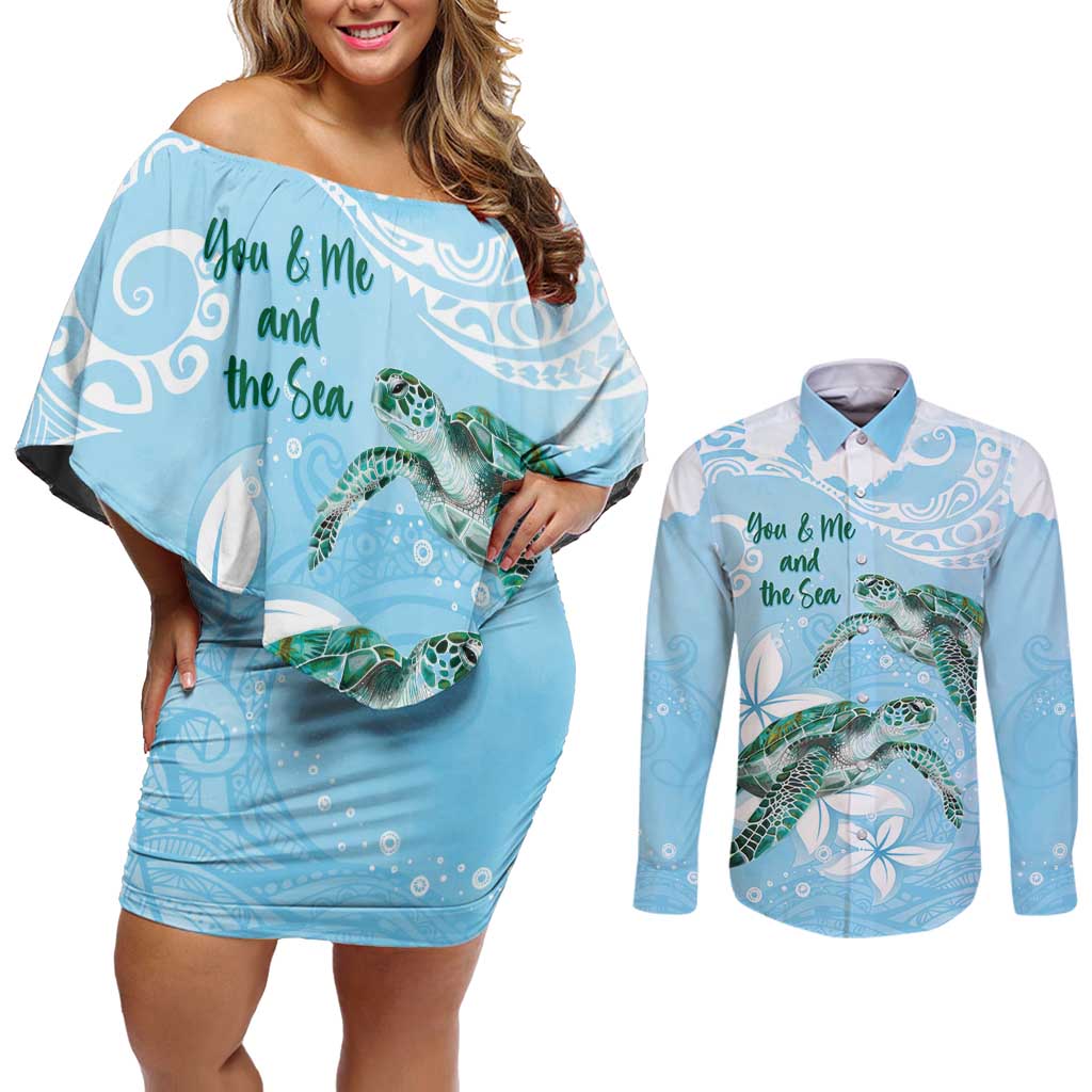 Personalised Polynesia Valentine's Day Couples Matching Off Shoulder Short Dress and Long Sleeve Button Shirt SeaTurtle Couple Polynesian - Fairy Sparkles Color