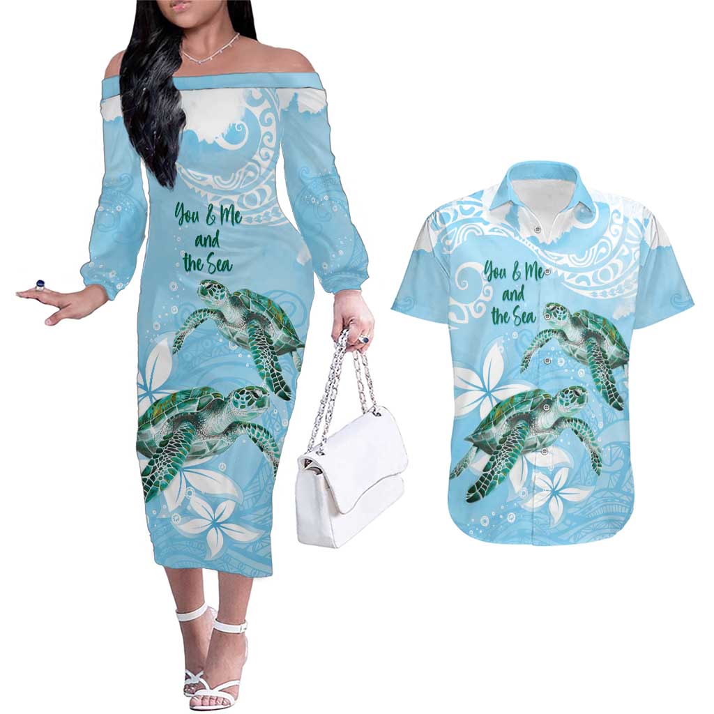 Personalised Polynesia Valentine's Day Couples Matching Off The Shoulder Long Sleeve Dress and Hawaiian Shirt SeaTurtle Couple Polynesian - Fairy Sparkles Color