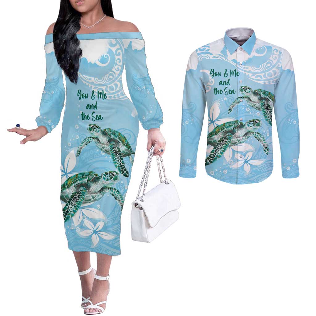 Personalised Polynesia Valentine's Day Couples Matching Off The Shoulder Long Sleeve Dress and Long Sleeve Button Shirt SeaTurtle Couple Polynesian - Fairy Sparkles Color