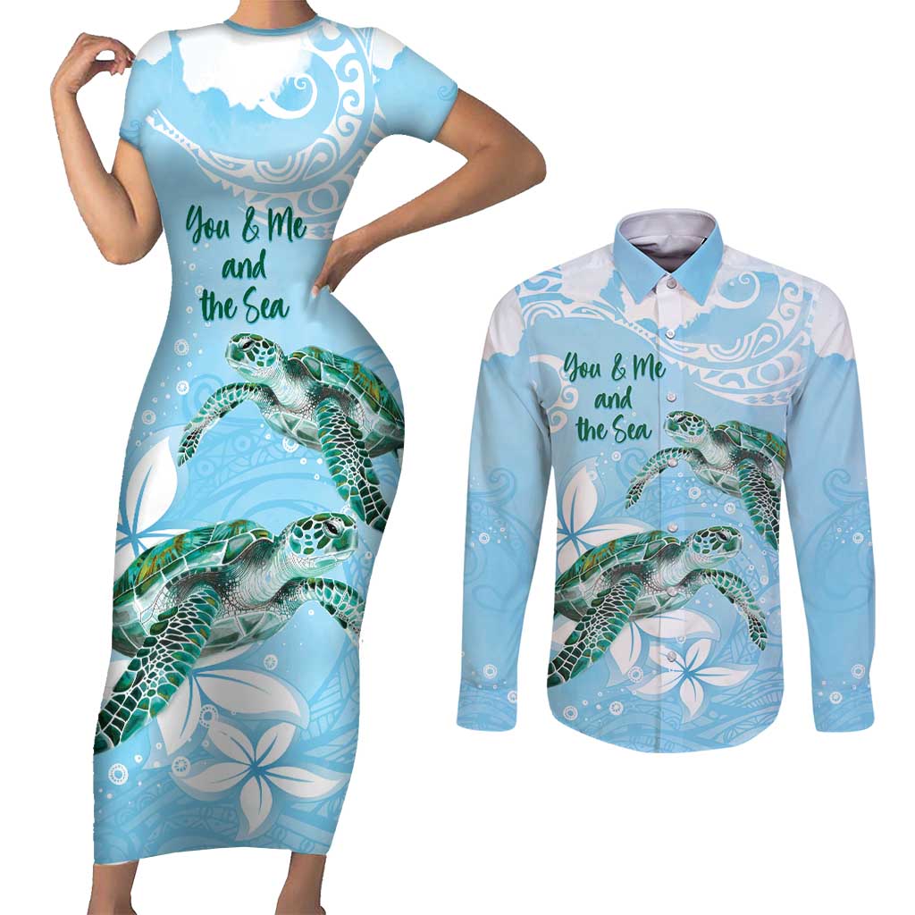 Personalised Polynesia Valentine's Day Couples Matching Short Sleeve Bodycon Dress and Long Sleeve Button Shirt SeaTurtle Couple Polynesian - Fairy Sparkles Color