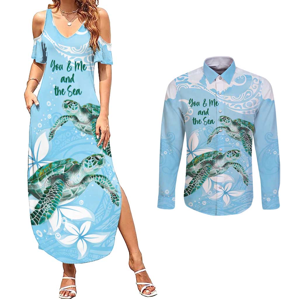 Personalised Polynesia Valentine's Day Couples Matching Summer Maxi Dress and Long Sleeve Button Shirt SeaTurtle Couple Polynesian - Fairy Sparkles Color